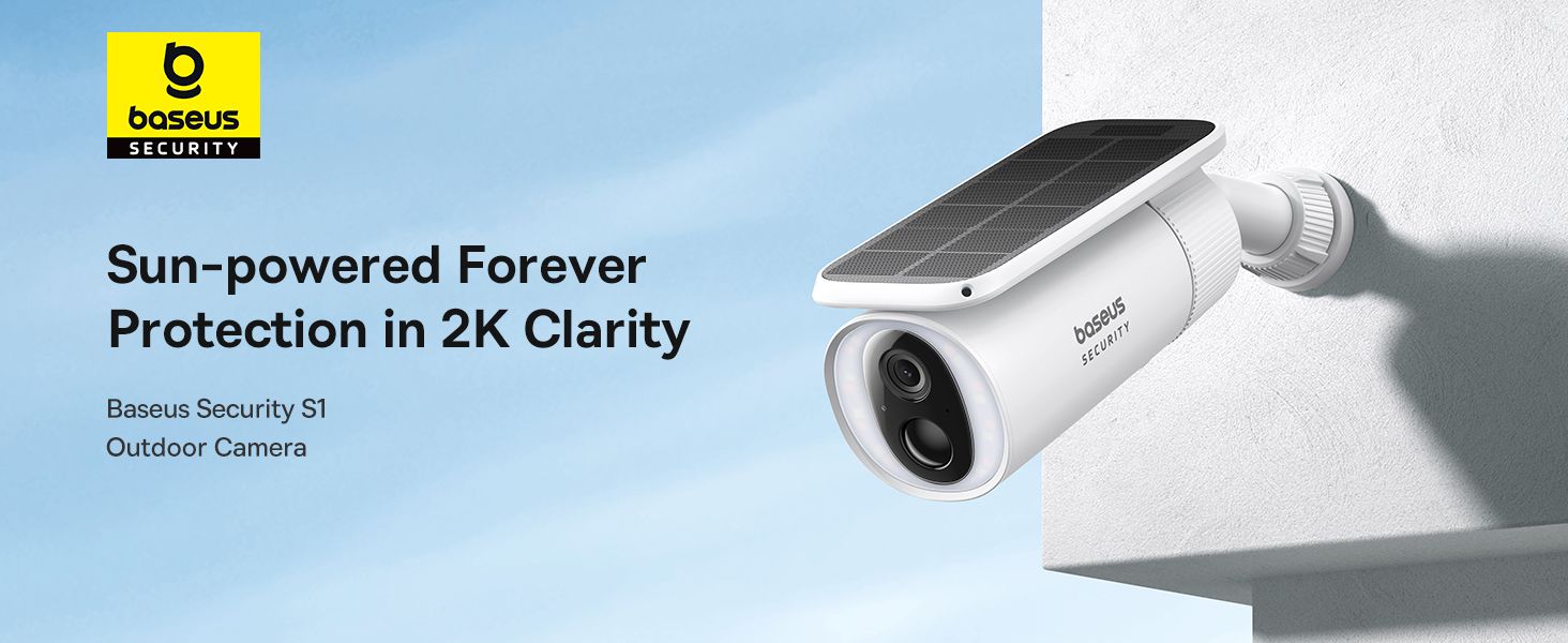 Baseus Solar Security Camera Outdoor, S1 Wireless Solocam, Forever Power with Sunlight-Tracking System, 2K Clarity, 145° Wide View, Built-in 8GB Local Storage and Color Night Vision, No Monthly Fee