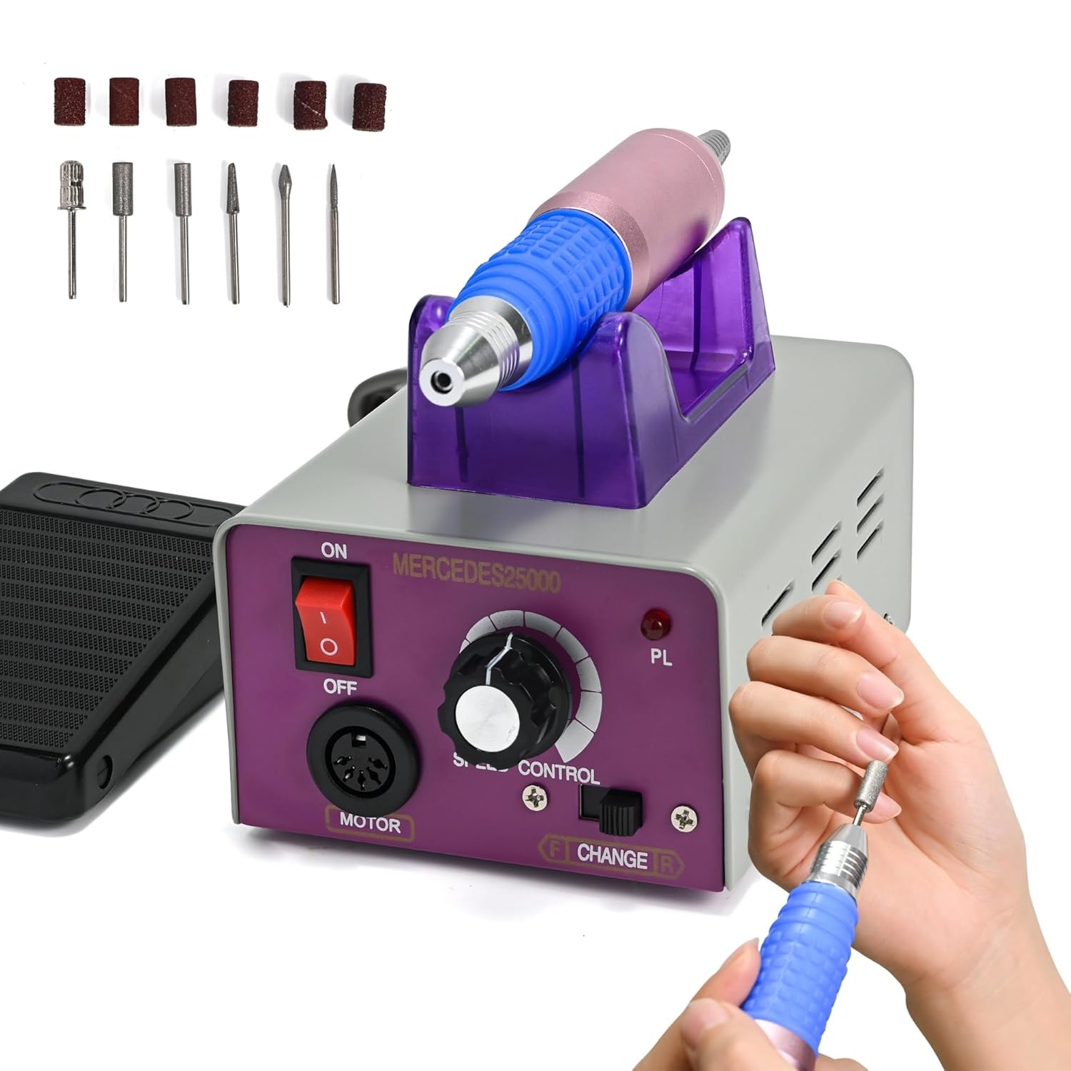 Professional Nail Drill Machine 25000 RPM Electric Nail File Kit with Foot Pedal + 6 Drill Bits + Sanding Bands for Home Salon Manicure Pedicure Acrylic Gel Nail Polishing Tools, 1.0 Count
