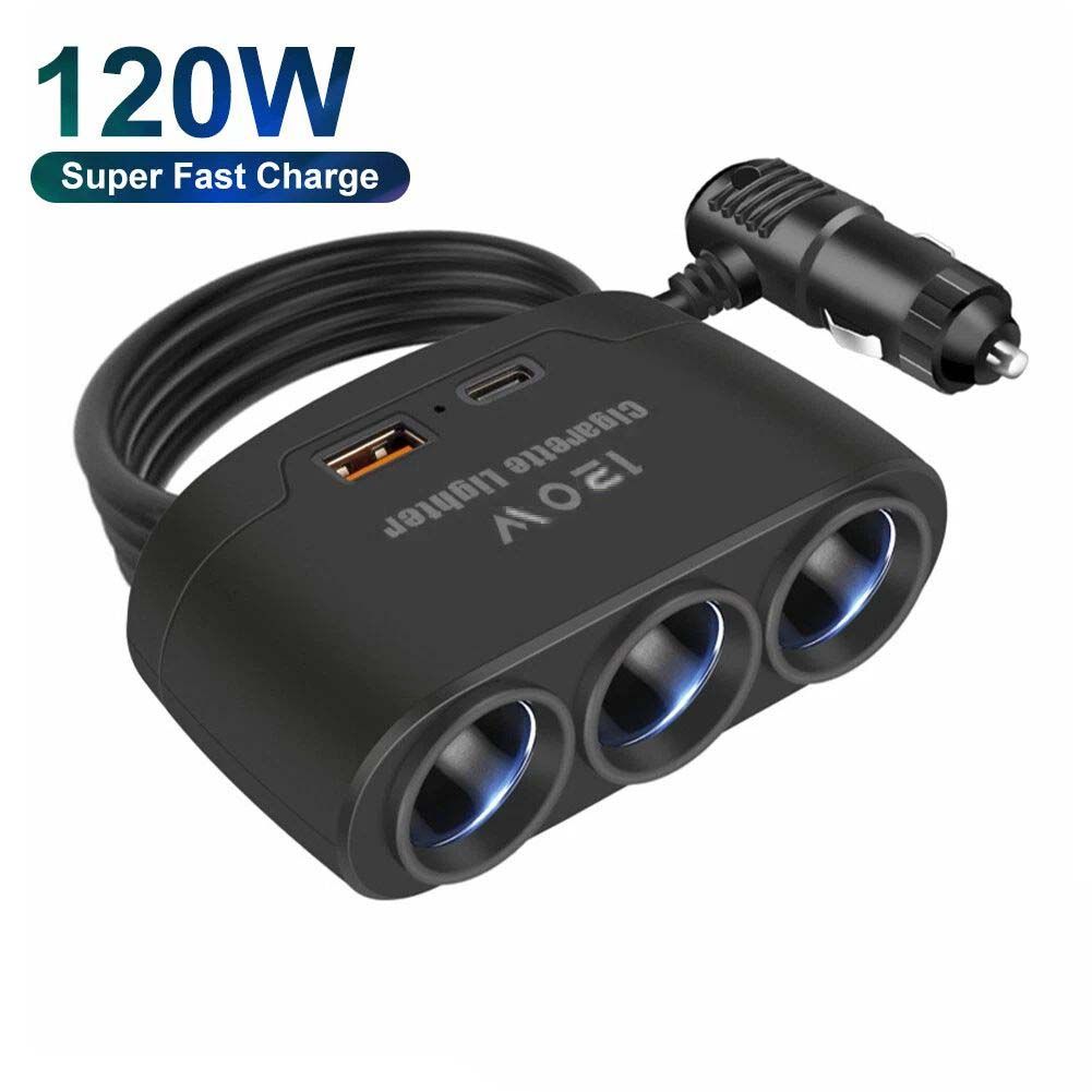 3-Socket Cigarette Lighter Adapter, 120W 12V Power DC Outlet Splitter with 2.14A USB Car Charger for iPhone iPad Samsung GPS Dashcam