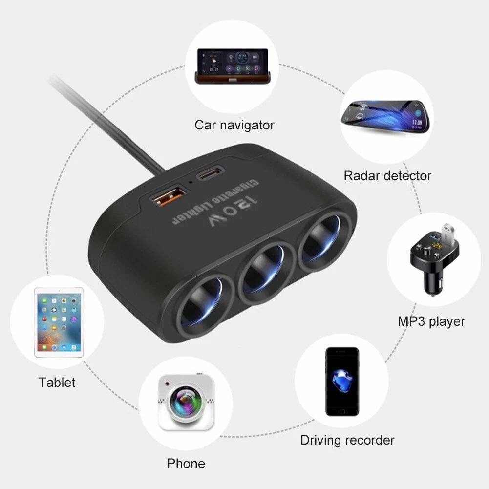 3-Socket Cigarette Lighter Adapter, 120W 12V Power DC Outlet Splitter with 2.14A USB Car Charger for iPhone iPad Samsung GPS Dashcam