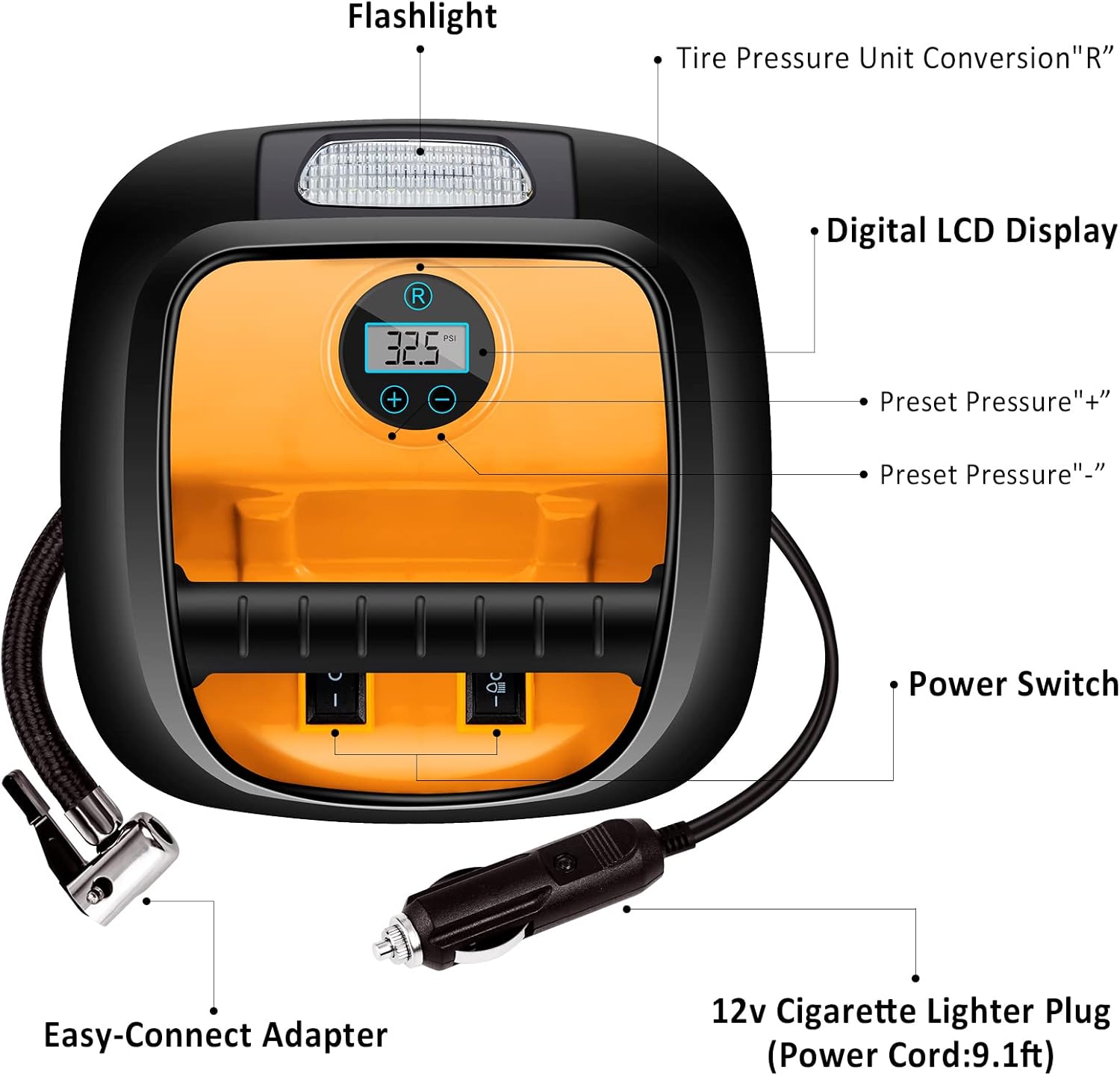 Superior Quality Portable 12V Electric Air Pump Car Tyre Fast Inflator Auto Emergency LED Lamp Digital Display Air Compressor + Lighting Tire Pressure Measurement