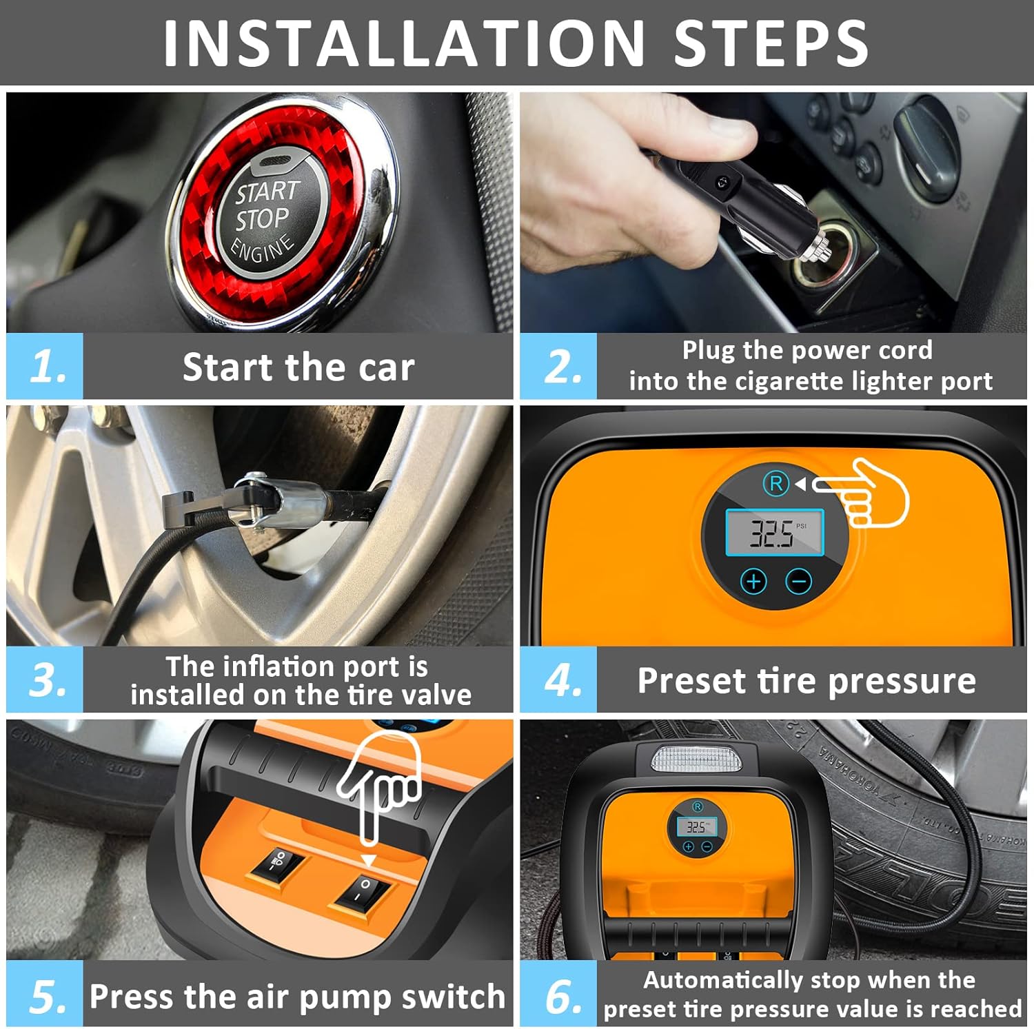 Superior Quality Portable 12V Electric Air Pump Car Tyre Fast Inflator Auto Emergency LED Lamp Digital Display Air Compressor + Lighting Tire Pressure Measurement
