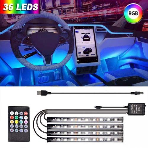 Car LED Lights Interior 4 Pcs 36 Strip Light with Remote, Music Sync Color Change RGB Under Dash Lighting with Vehicle Charger 12V Floor Decorative Atmosphere Ambient Dashboard