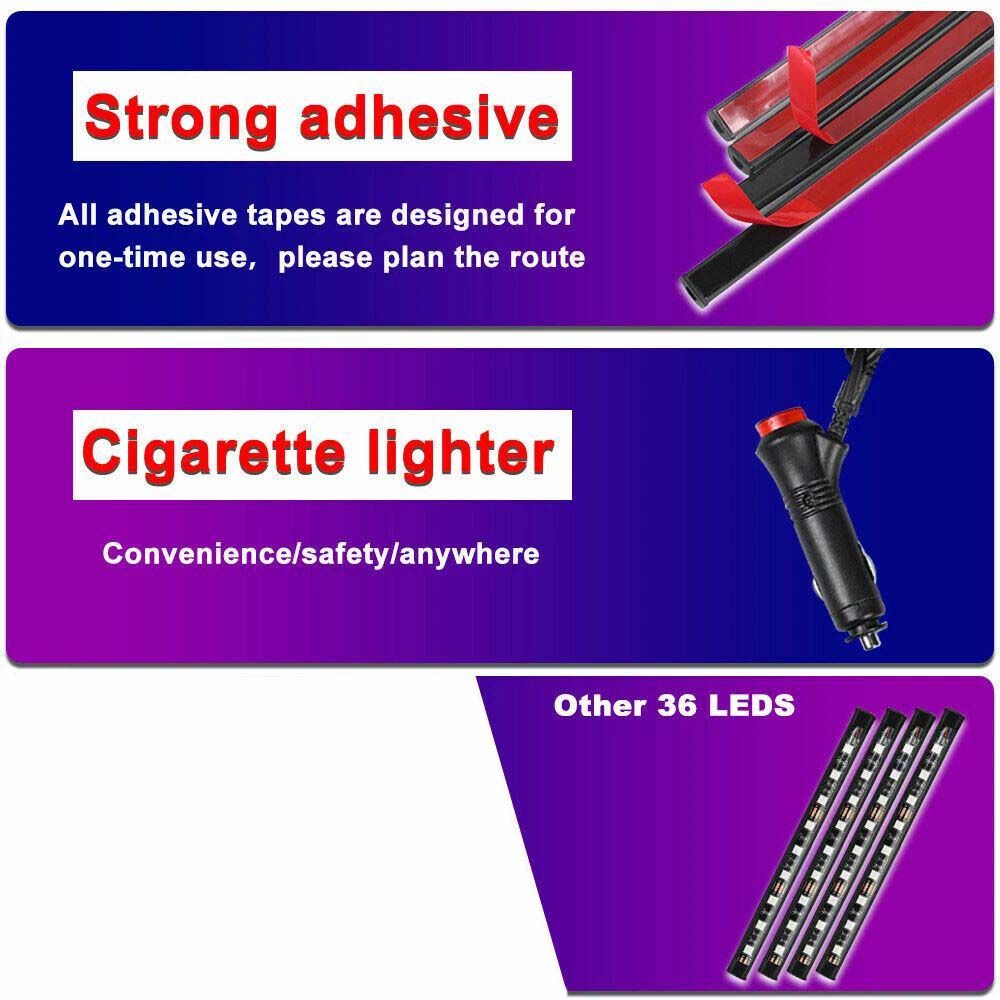 Car LED Lights Interior 4 Pcs 36 Strip Light with Remote, Music Sync Color Change RGB Under Dash Lighting with Vehicle Charger 12V Floor Decorative Atmosphere Ambient Dashboard