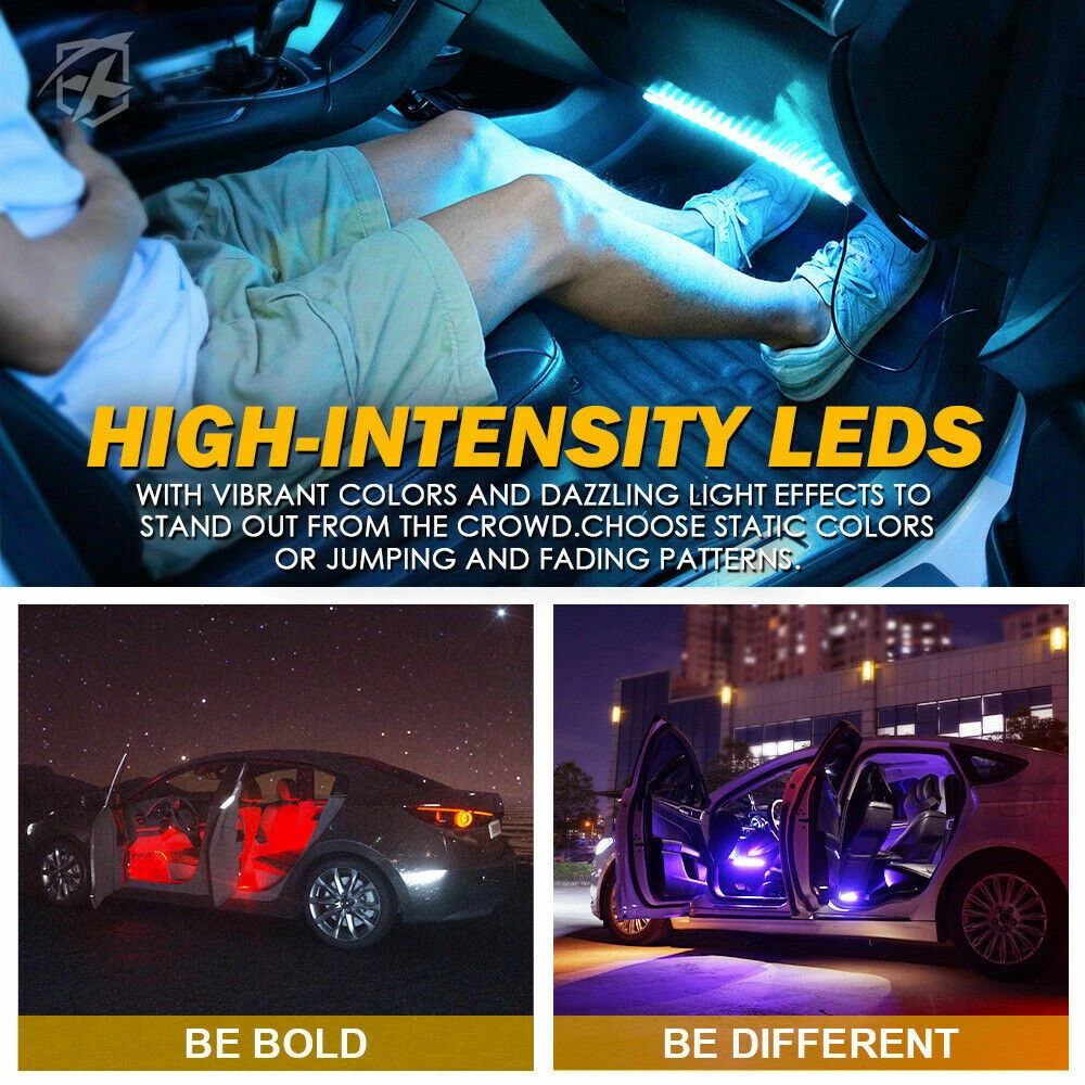 Car LED Lights Interior 4 Pcs 36 Strip Light with Remote, Music Sync Color Change RGB Under Dash Lighting with Vehicle Charger 12V Floor Decorative Atmosphere Ambient Dashboard