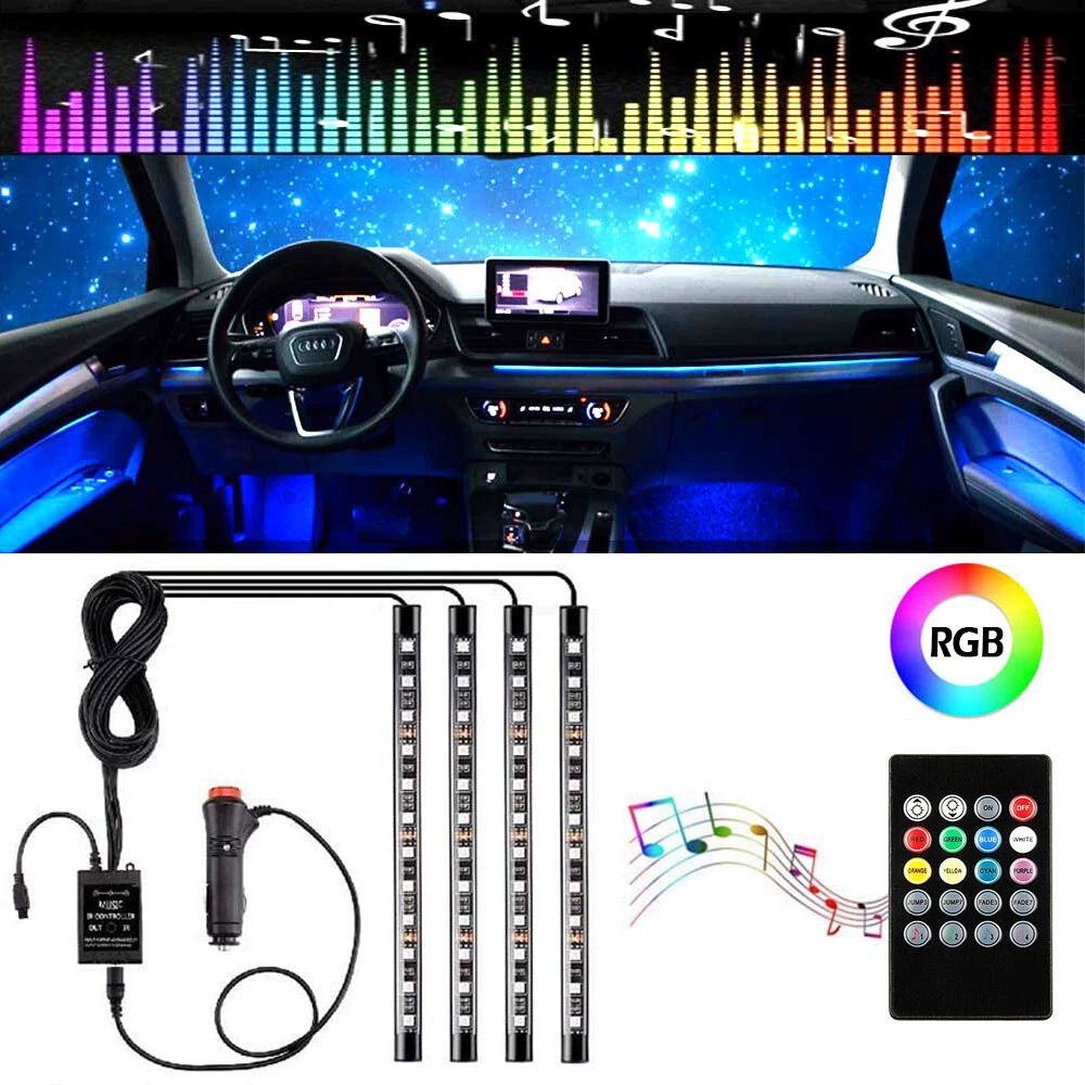 Car LED Lights Interior 4 Pcs 36 Strip Light with Remote, Music Sync Color Change RGB Under Dash Lighting with Vehicle Charger 12V Floor Decorative Atmosphere Ambient Dashboard