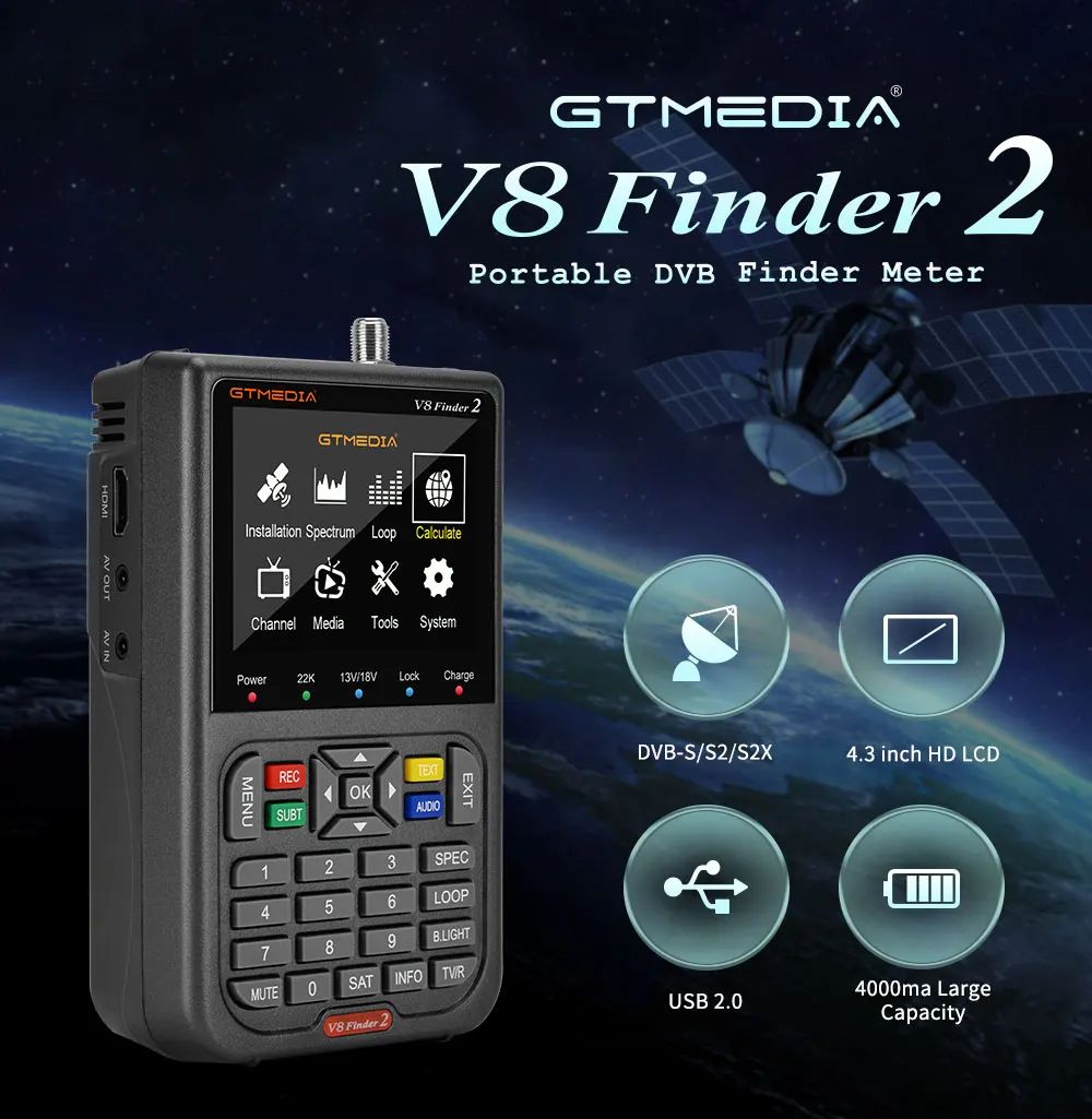 GTMedia V8 Finder2 Satellite Finder Digital FTA DVB-S/ S2/ S2X Satelite Signal Detector Receiver LCD Screen for Adjusting Sat TV Dish Meter