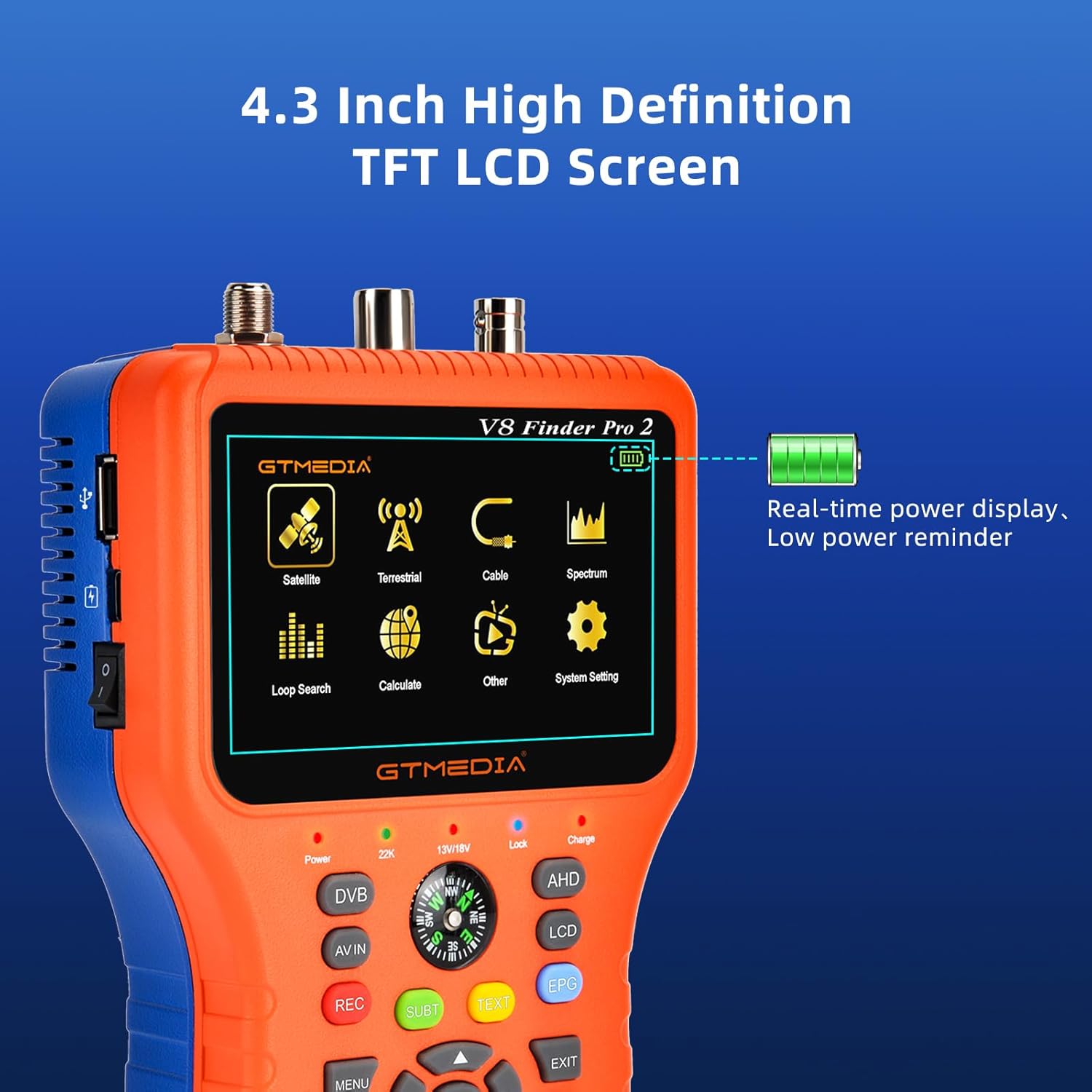 GT MEDIA V8 Finder Pro 2 HD Satellite Finder Meter Signal Tester with 4.3-inch TFT LCD Screen for DVB-S2/T2/C/S/T AHD H.265 Receiver Decoder Digital Satelite Recognition System HD Scanner MPEG-2/MPEG-