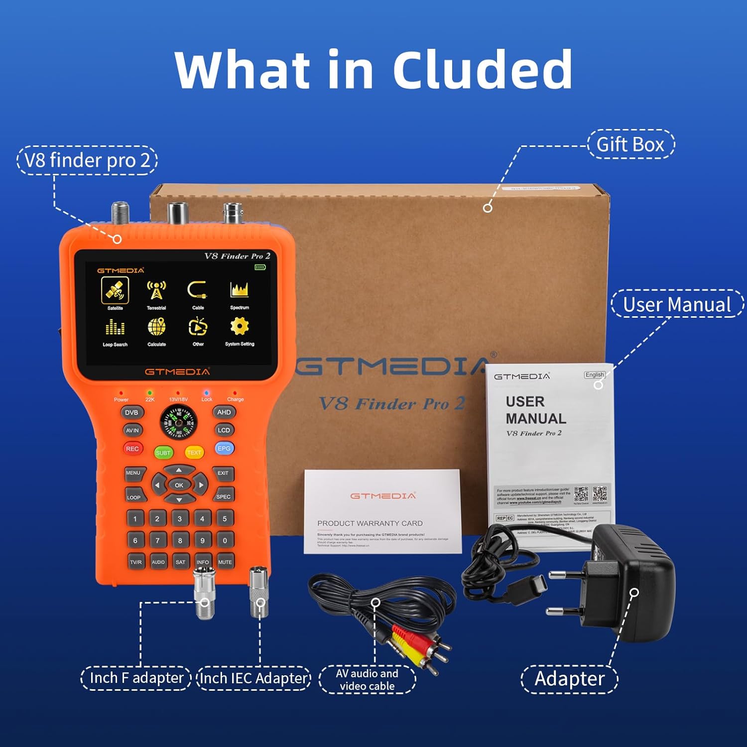 GT MEDIA V8 Finder Pro 2 HD Satellite Finder Meter Signal Tester with 4.3-inch TFT LCD Screen for DVB-S2/T2/C/S/T AHD H.265 Receiver Decoder Digital Satelite Recognition System HD Scanner MPEG-2/MPEG-