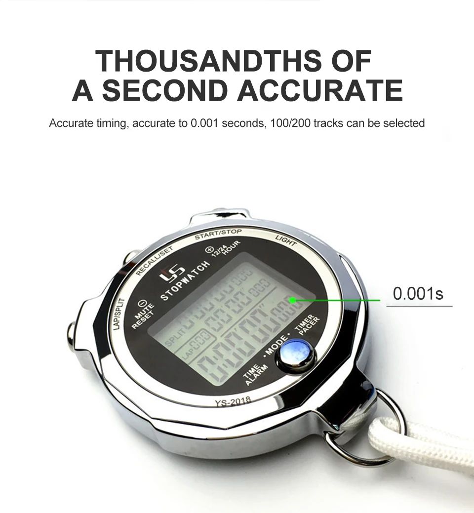 Professional Metal Luminous Digital Stopwatch Timer 0.001s Precision 200 Memory Tracks Laps Channels Portable Sports Marathon Running Training 3-Row Stop Watch YS-2018