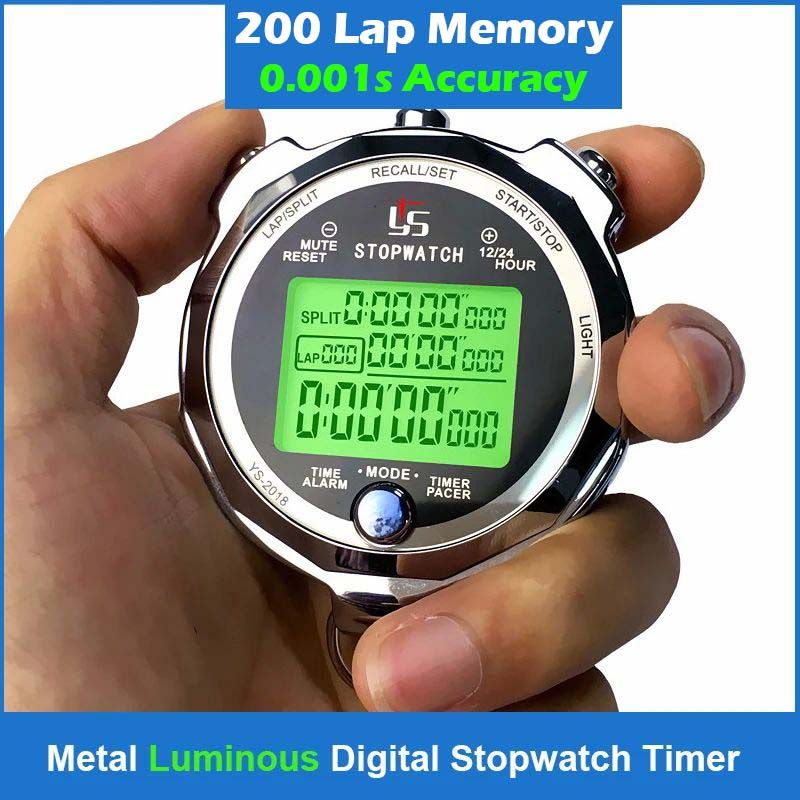 Professional Metal Luminous Digital Stopwatch Timer 0.001s Precision 200 Memory Tracks Laps Channels Portable Sports Marathon Running Training 3-Row Stop Watch YS-2018