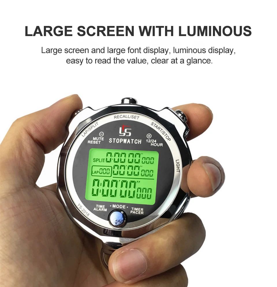 Professional Metal Luminous Digital Stopwatch Timer 0.001s Precision 200 Memory Tracks Laps Channels Portable Sports Marathon Running Training 3-Row Stop Watch YS-2018