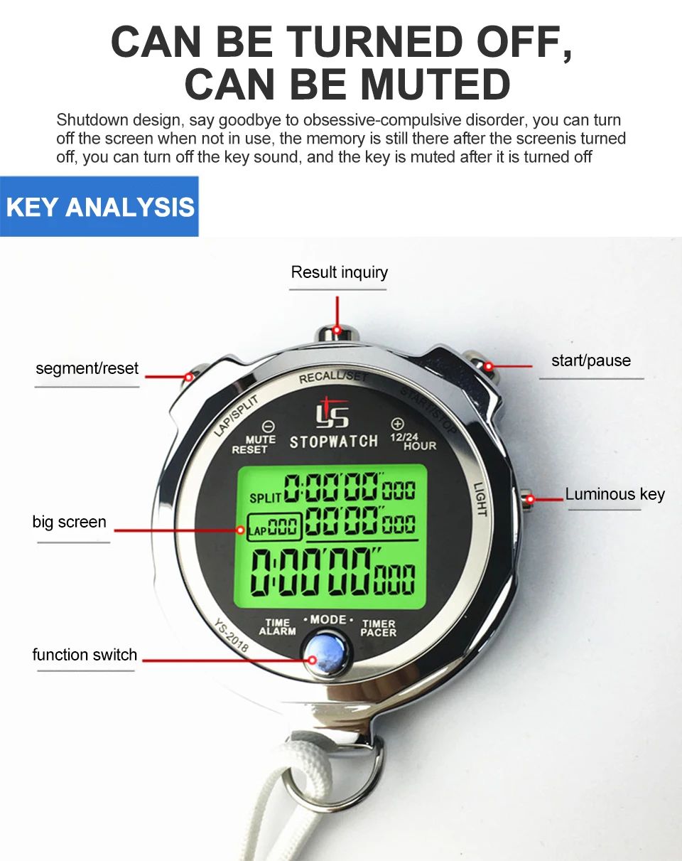 Professional Metal Luminous Digital Stopwatch Timer 0.001s Precision 200 Memory Tracks Laps Channels Portable Sports Marathon Running Training 3-Row Stop Watch YS-2018