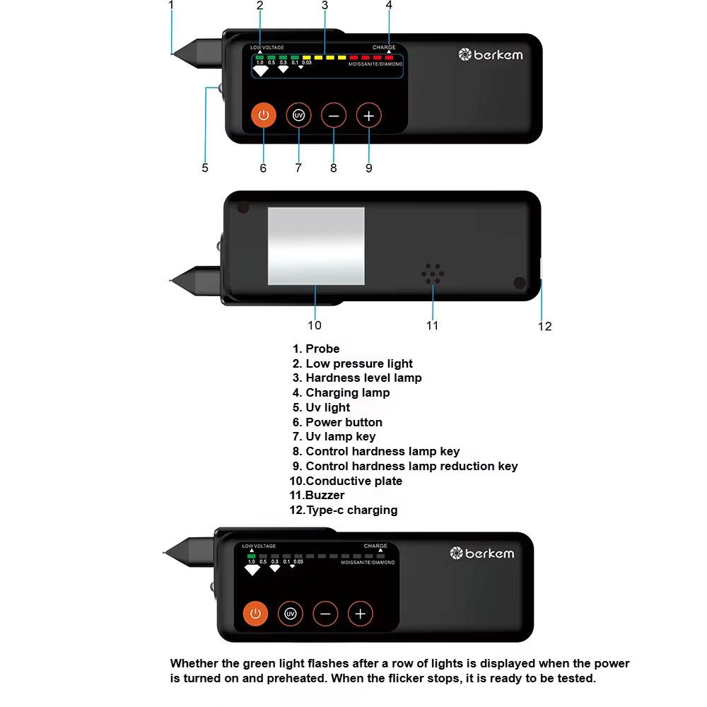 Professional Grade Rechargeable Diamond Tester Pen High Accuracy Type-C Moissanite Thermal Conductivity, UV Hardness Testing, Jade, Jadeite, Crystal Fast Gemstone Selector LED Indicator Jewelry Berkem