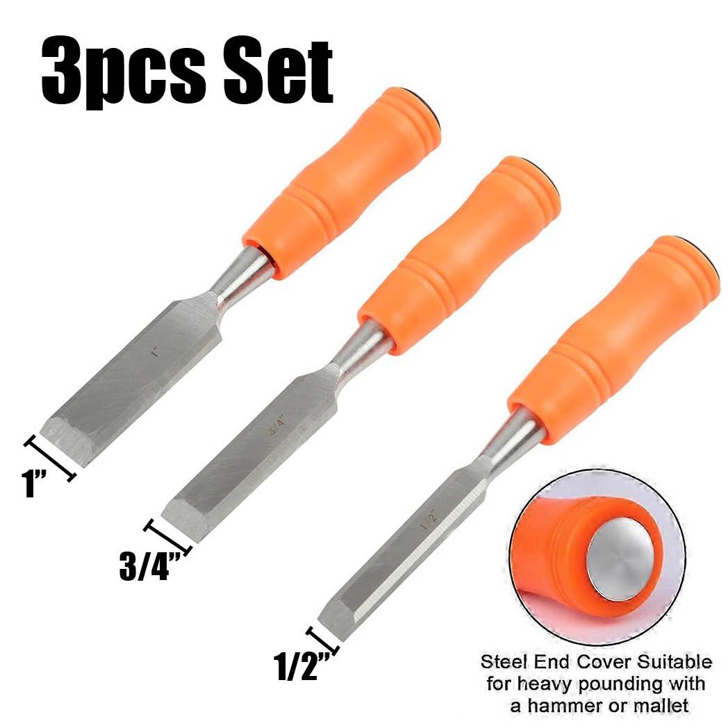 3pcs Wood Chisels Set (1" + 1/2"+ 3/4" inch) Carving High Carbon Steel Durable Woodworking Cutting DIY Hand Tool Metal Bevel Edge Woodturning Chisel Kits Essential Carpenter for Joiner Mortise