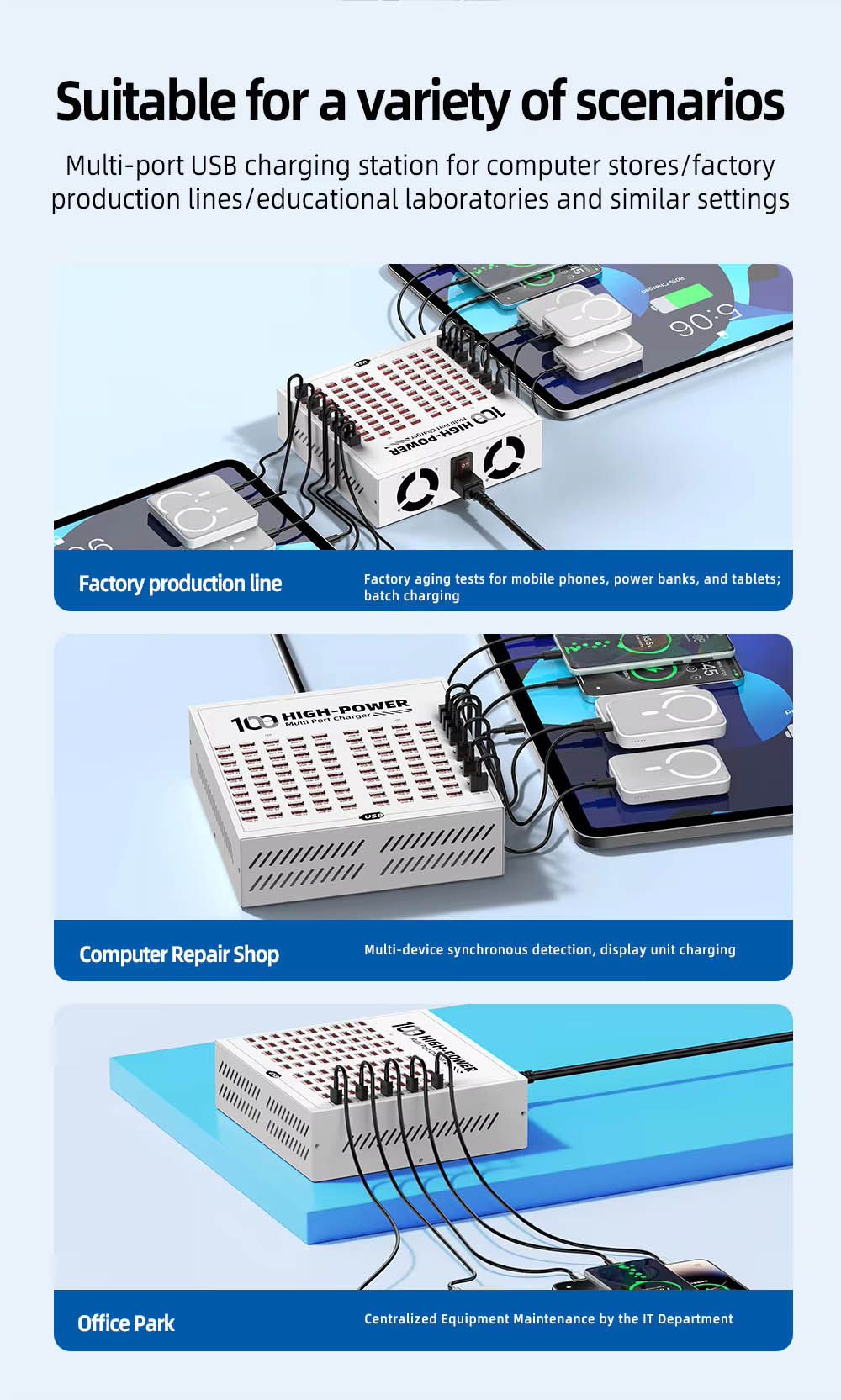 100 High-Power Multi Port Fast Charger USB Charging Station Adapter 5V 2.4A DC Power Supply Integrated Mobile Phone Tablet Fast Charger for Kinyozi, Industry Hotel School Shopping malls with Rapid Hea
