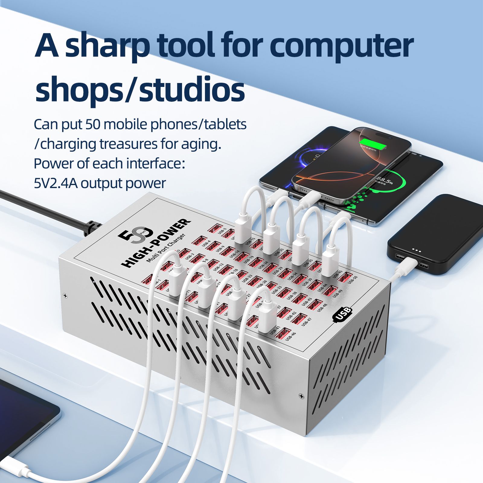 50-Port High Power 200W Multi USB Charger with Switch USB Charging Station Hub Dock for iPhones Mobile Phones Tablets for Office and Factory Barber Shop Industrial