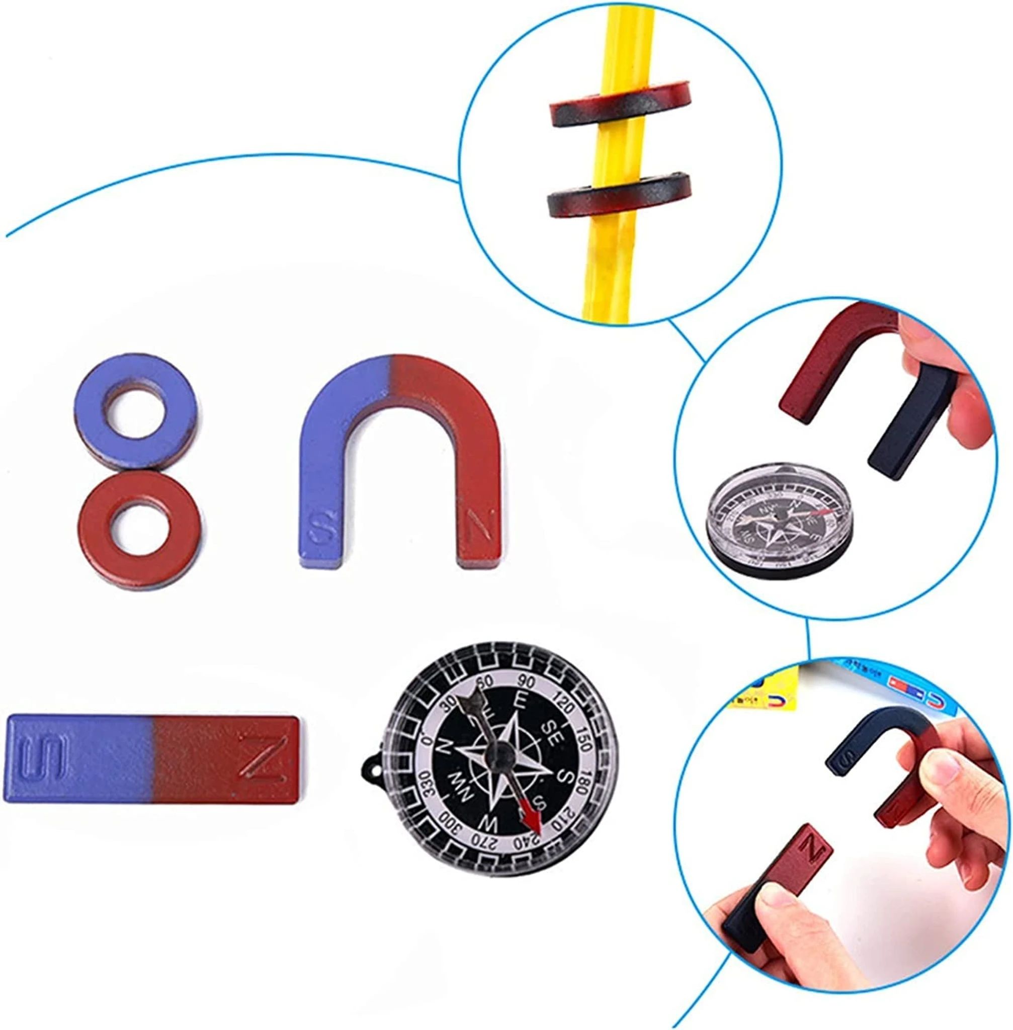 12pcs Set School Science Magnets Set for Kids Magnet Kit Fun Experiment Tool Physics Educational Toys Games for Children Teen Including Horseshoe Ring Compass Bar Magnets