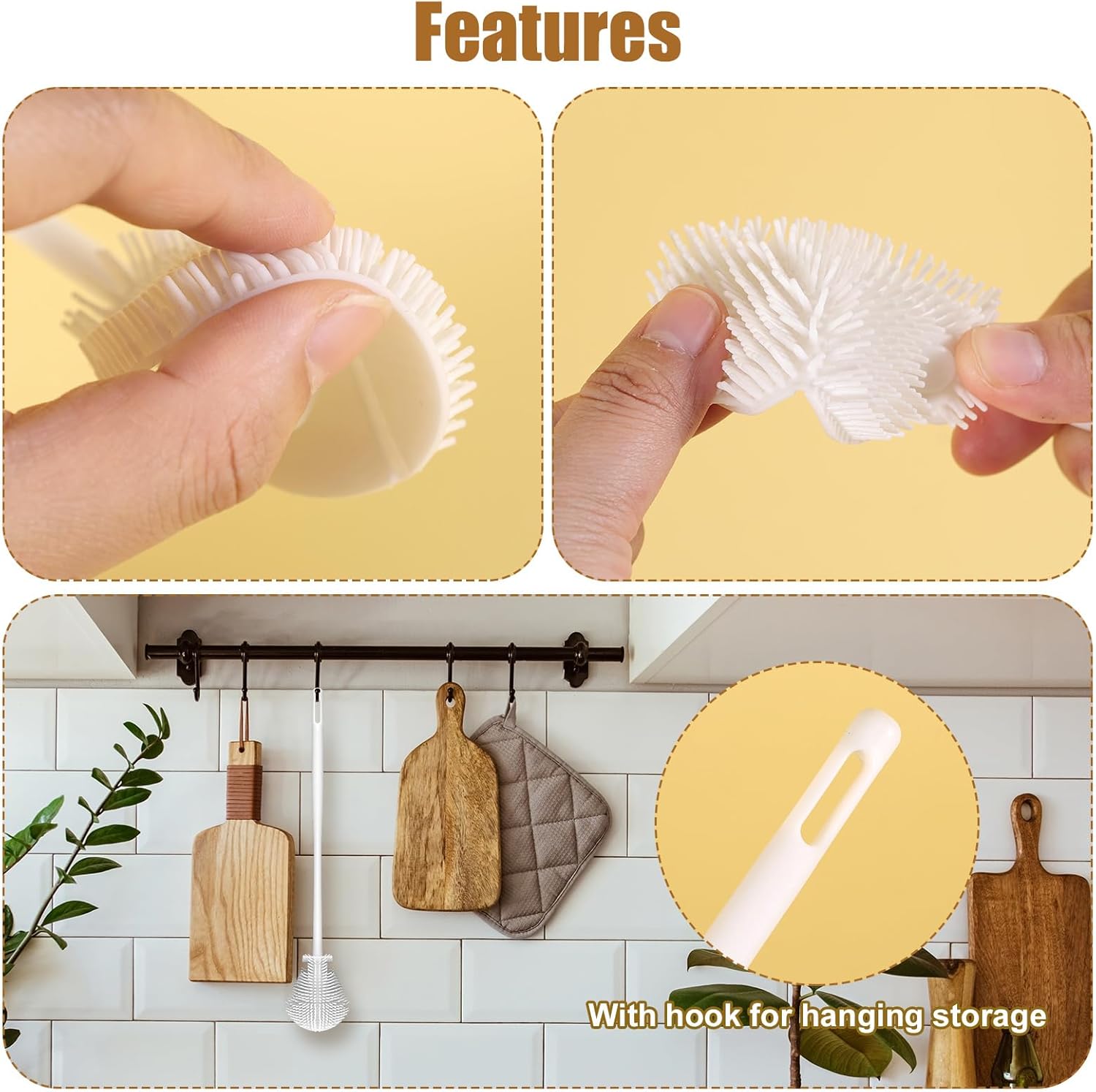 360° Silicone Bottle Brush, Soft Bristle Cup Cleaner Long Handle Flexible Water Cleaning for Lid Teapots Bowls Containers Narrow Area (White)