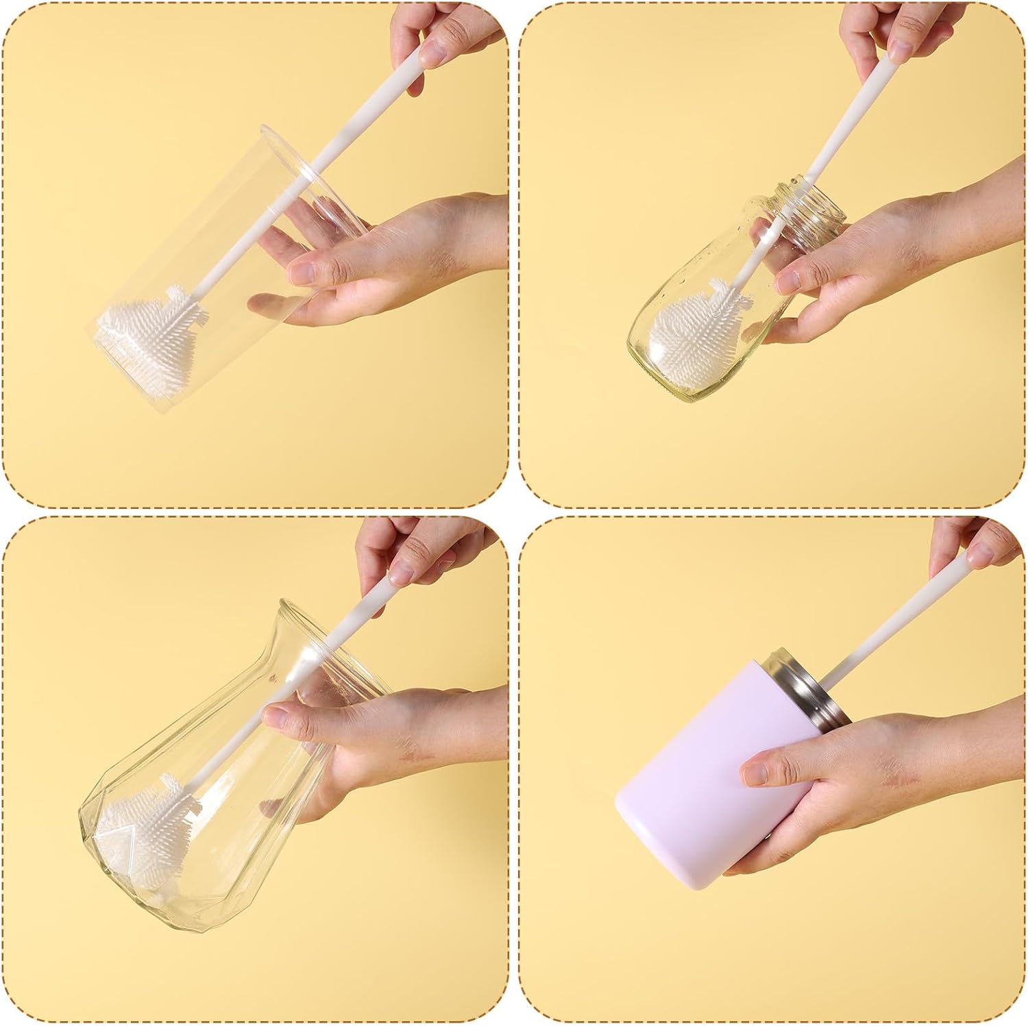 360° Silicone Bottle Brush, Soft Bristle Cup Cleaner Long Handle Flexible Water Cleaning for Lid Teapots Bowls Containers Narrow Area (White)