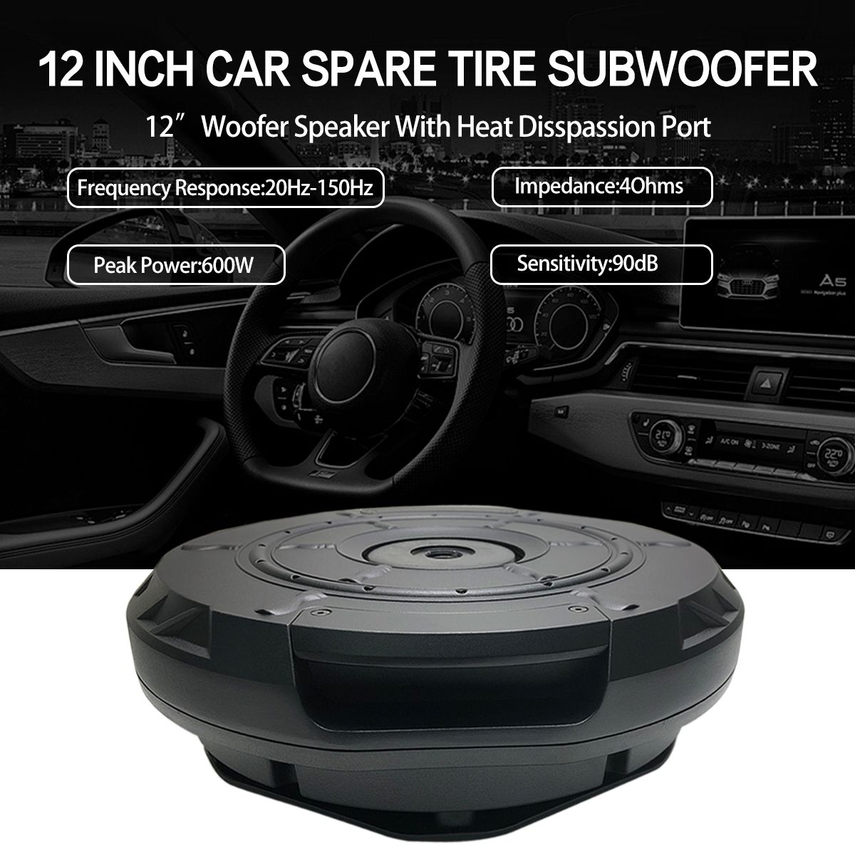 Woofer 12 Inch Active Car Spare Tire Subwoofer High Performance Bass with Built-In Amplifier for Car Truck Boot Shallow Mount 400W - 600W Peak Powerful Bass Speaker with Low Pass Filter