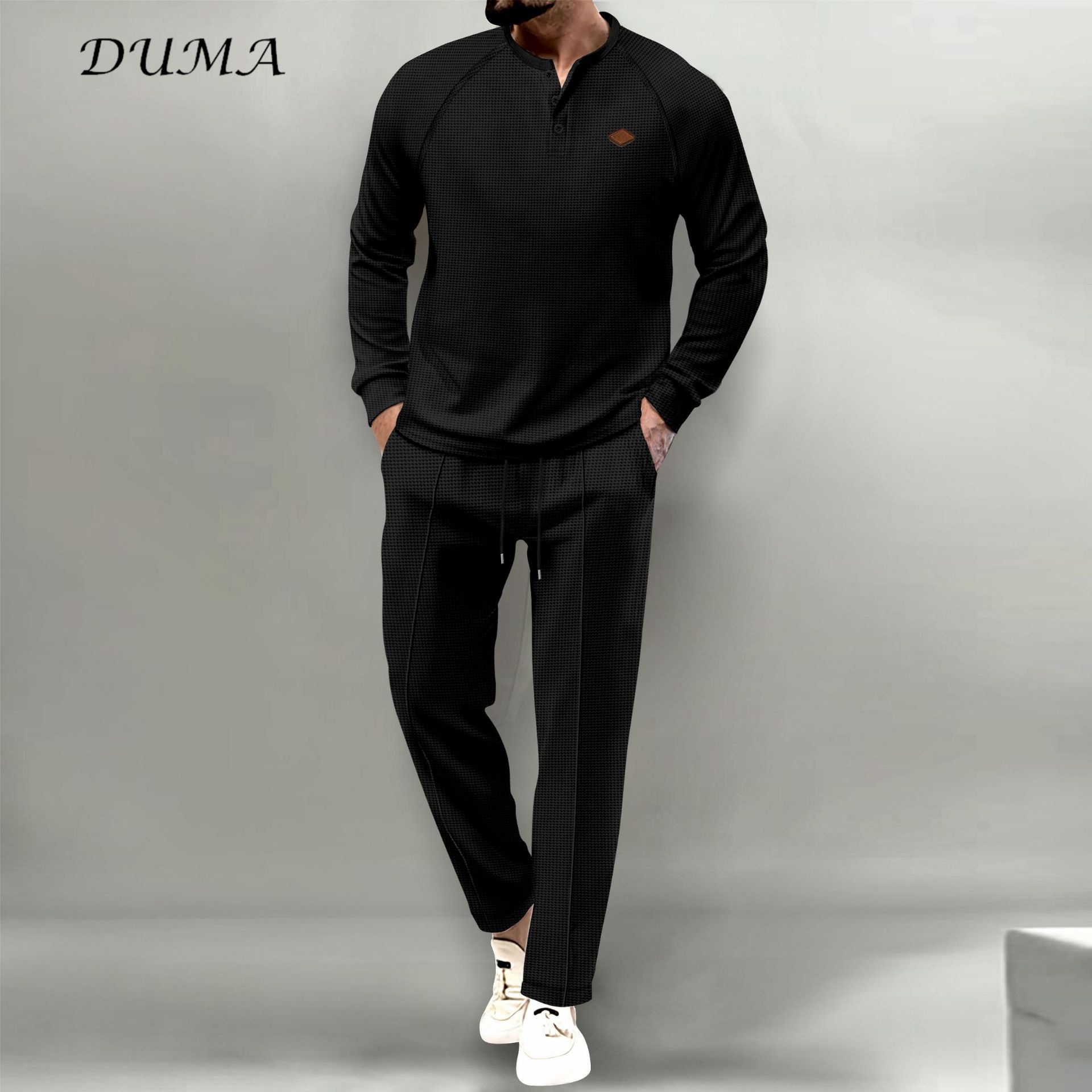 "DUMA"men's wear Solid color set Huafuge Henry's shirt Long sleeved T-shirt+pants Two piece set