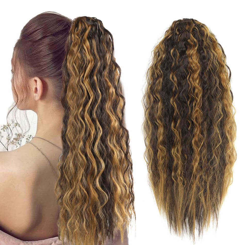 Synthetic Long Natural Wave Drawstring Ponytail 24inch Clip in Hair Extensions Blonde Natural Hair Fake Weave Ponytails