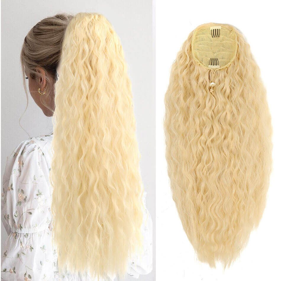 Synthetic Long Natural Wave Drawstring Ponytail 24inch Clip in Hair Extensions Blonde Natural Hair Fake Weave Ponytails
