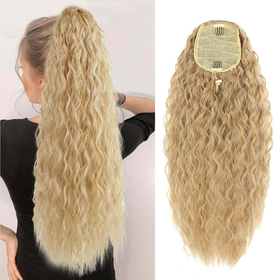 Synthetic Long Natural Wave Drawstring Ponytail 24inch Clip in Hair Extensions Blonde Natural Hair Fake Weave Ponytails