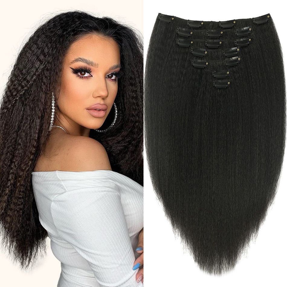 Synthetic 7Pcs Kinky Straight Clip in Hair Extensions Yaki Straight Full Head Seamless Clip in Hair for Black Women Daily Use