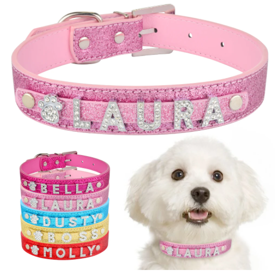 Personalized Dog Collar Leather Rhinestone Bling Charms Custom Pet Dogs Cat Name