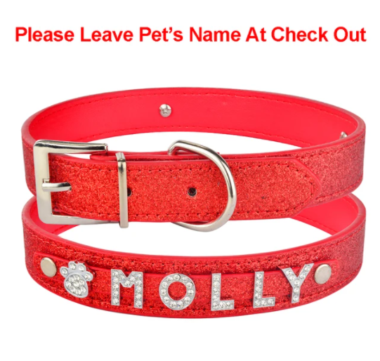 Personalized Dog Collar Leather Rhinestone Bling Charms Custom Pet Dogs Cat Name