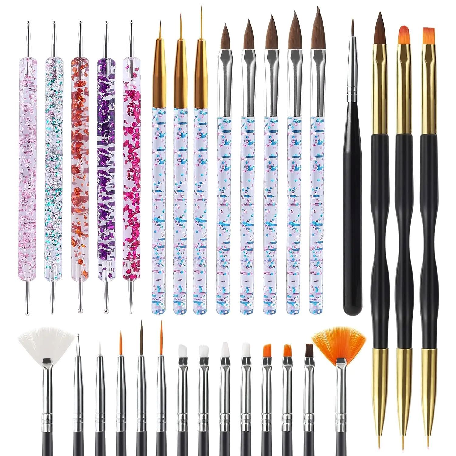 31Pcs Nail Art Brushes Design Tip Painting Drawing Carving Dotting Pen FlatFan Liner Acrylic Gel UV Polish Manicure Tools