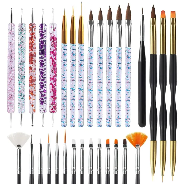 31Pcs Nail Art Brushes Design Tip Painting Drawing Carving Dotting Pen FlatFan Liner Acrylic Gel UV Polish Manicure Tools