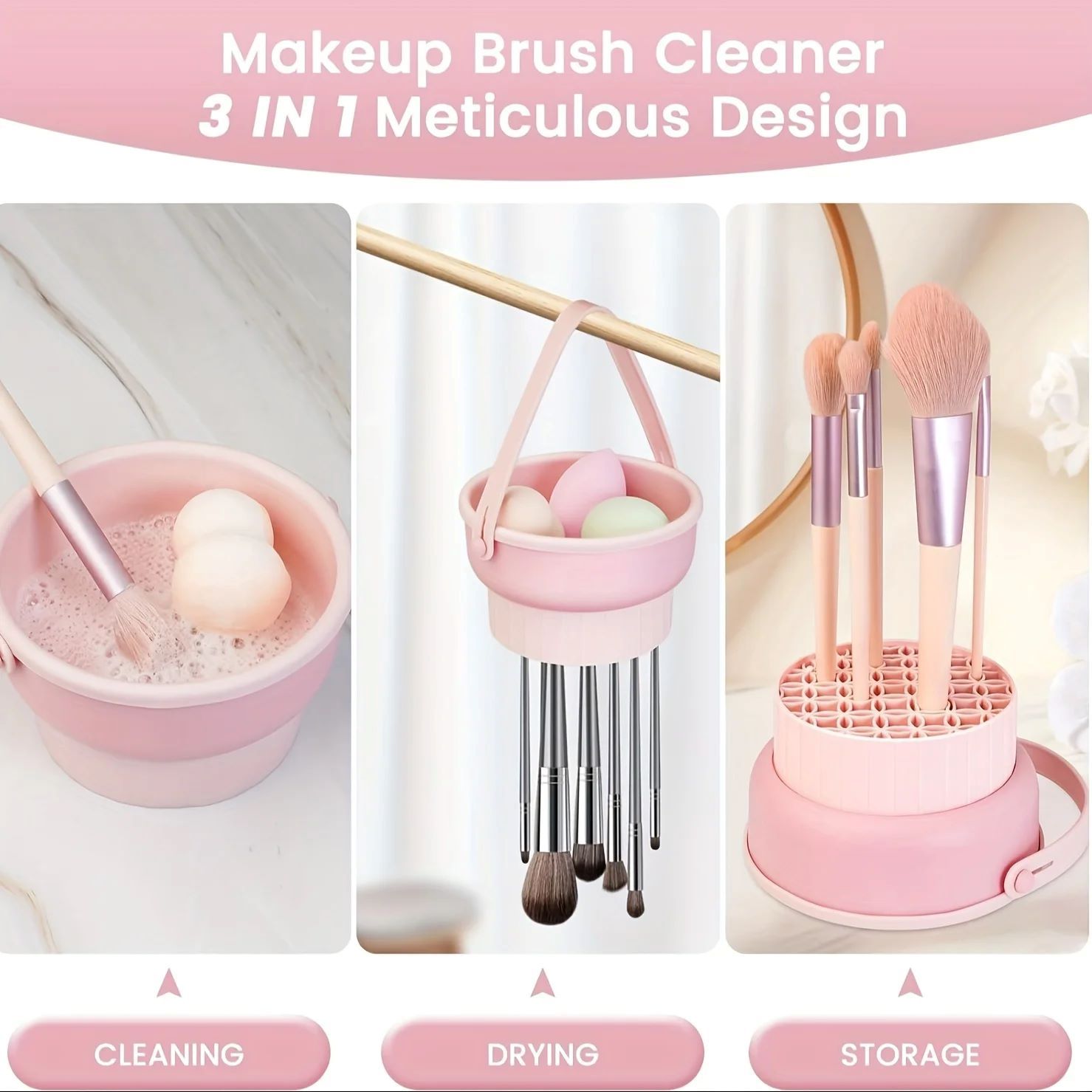 3-In-1 Silicone Makeup Brush Cleaner Mat & Drying Rack - Cosmetic Brush Cleaning & Air Dry Tool, Beauty Tool Organizer Kit Brush Cleaners