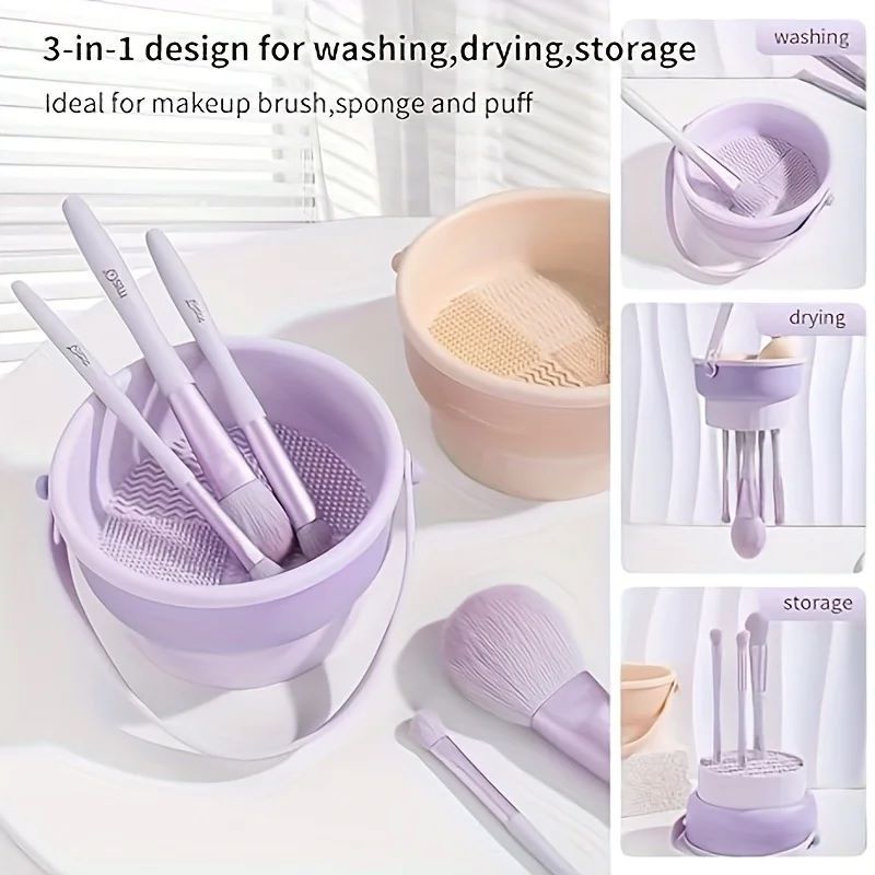 3-In-1 Silicone Makeup Brush Cleaner Mat & Drying Rack - Cosmetic Brush Cleaning & Air Dry Tool, Beauty Tool Organizer Kit Brush Cleaners