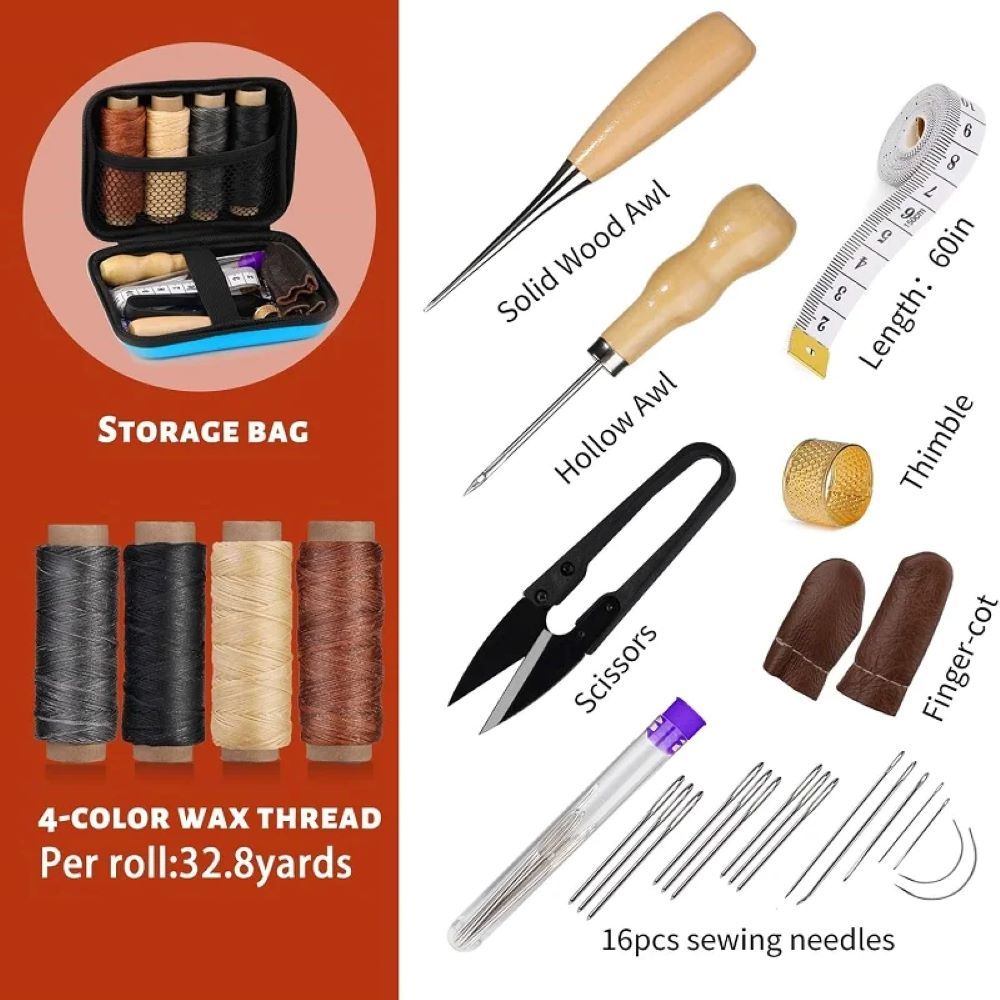 28PCS  Leather Sewing Tools Kit With Waxed Thread And Needles Awl Professional DIY Leather Handmade Craft Accessories Set Sewing Tool Repair Kits