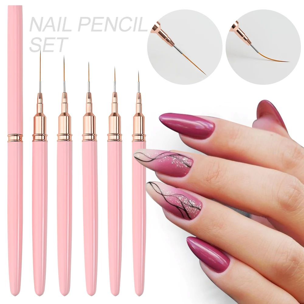 5Pcs/set 7/10/12/15/20mm Pink French Nail Art Liner Painting Brush  Ultra-thin Elongated Lines Nail Drawing Pen Brush DIY Manicure  False Nails Accessories
