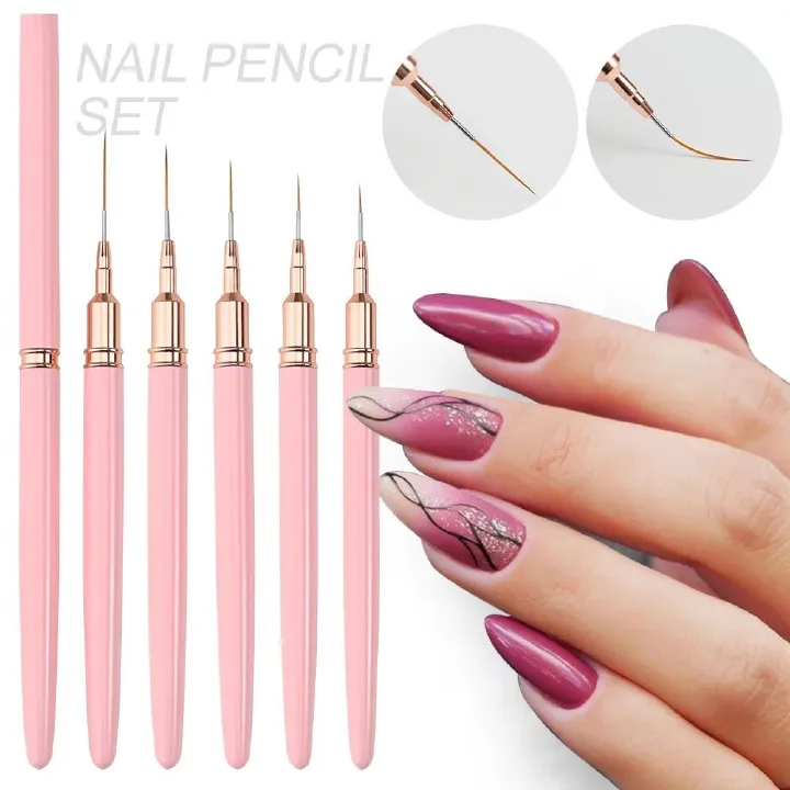 5Pcs/set 7/10/12/15/20mm Pink French Nail Art Liner Painting Brush  Ultra-thin Elongated Lines Nail Drawing Pen Brush DIY Manicure  False Nails Accessories