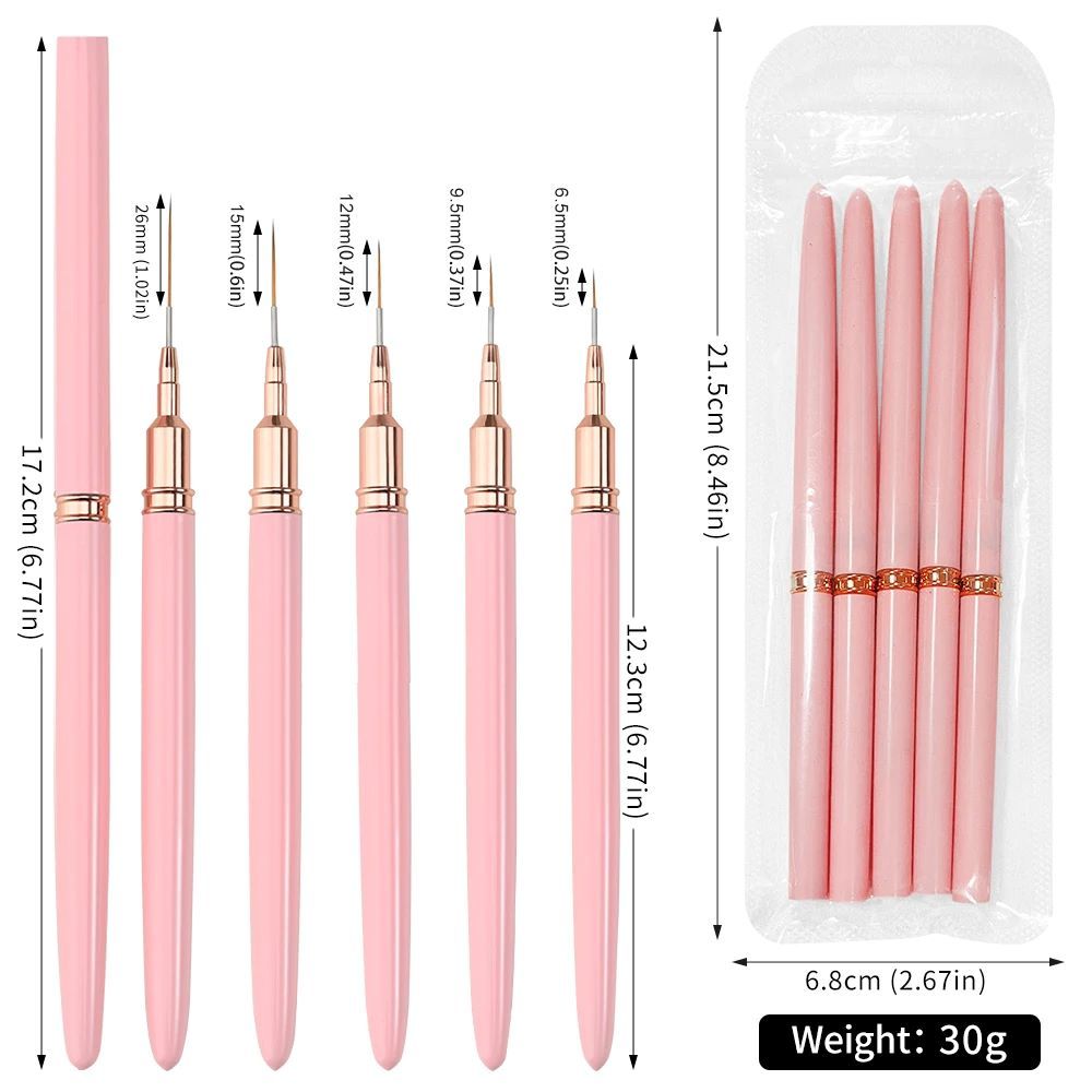 5Pcs/set 7/10/12/15/20mm Pink French Nail Art Liner Painting Brush  Ultra-thin Elongated Lines Nail Drawing Pen Brush DIY Manicure  False Nails Accessories