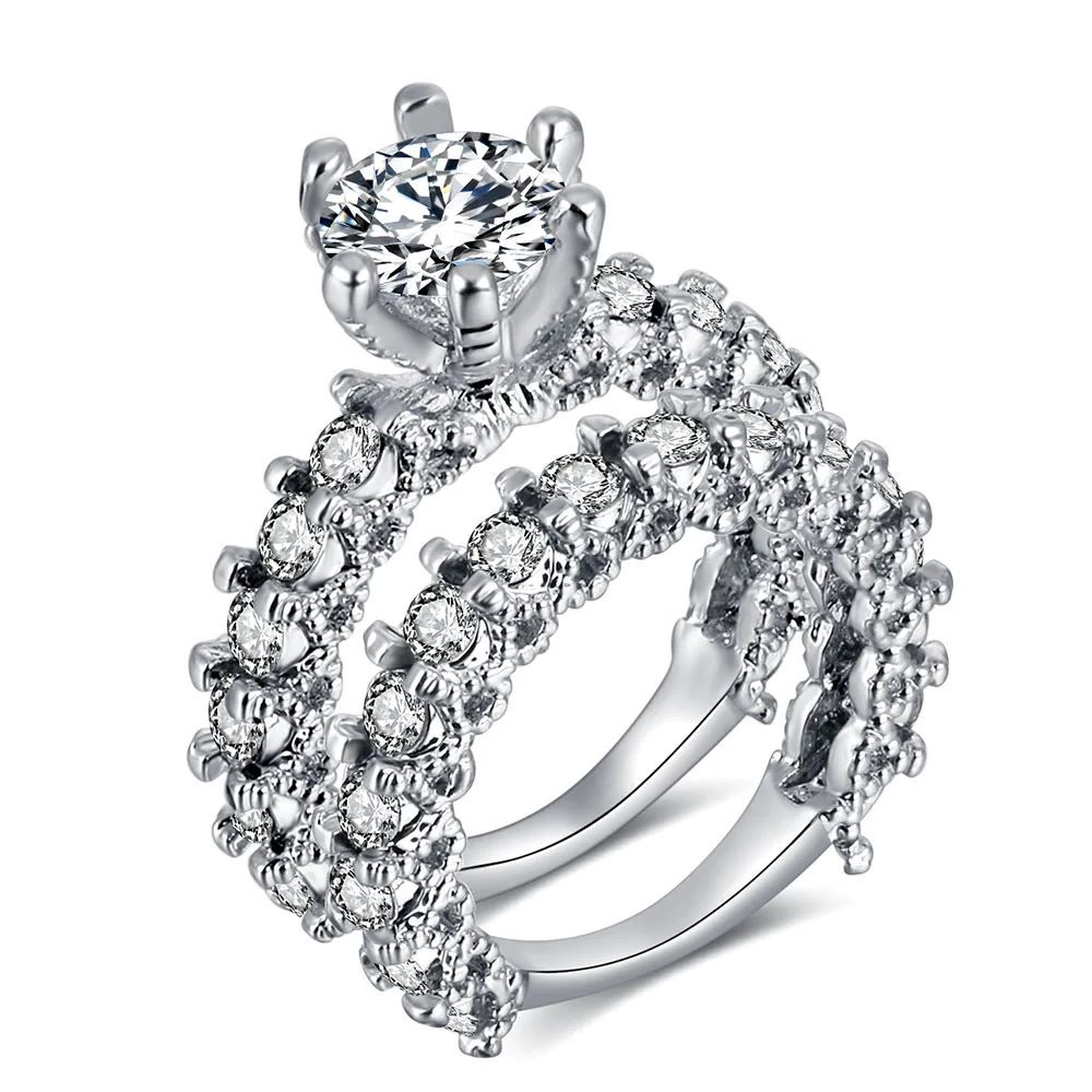 Elegant Zircon Ring Jewelry Silver Color Engagement Wedding Ring Set for Women 2ashion Zircon Crystal Jewelry