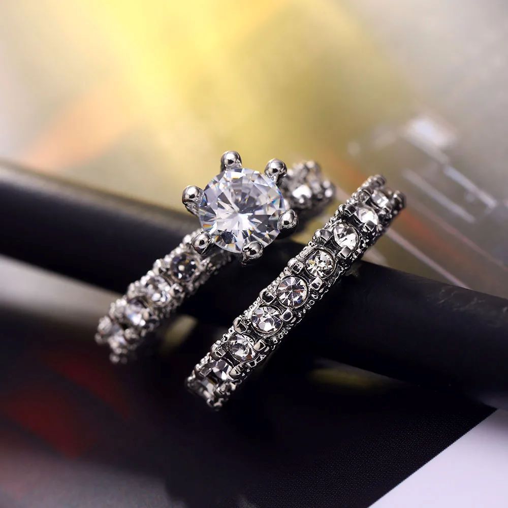 Elegant Zircon Ring Jewelry Silver Color Engagement Wedding Ring Set for Women 2ashion Zircon Crystal Jewelry