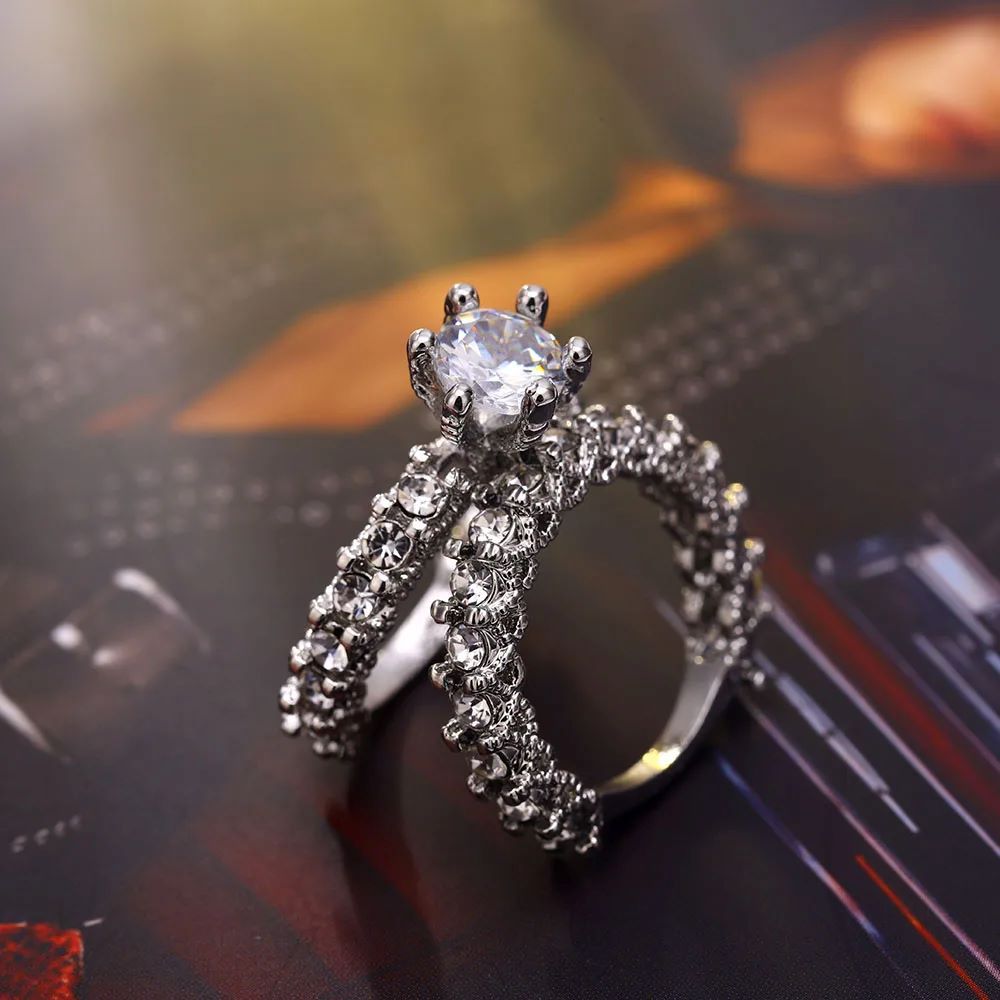 Elegant Zircon Ring Jewelry Silver Color Engagement Wedding Ring Set for Women 2ashion Zircon Crystal Jewelry