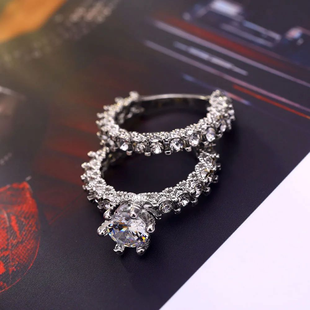Elegant Zircon Ring Jewelry Silver Color Engagement Wedding Ring Set for Women 2ashion Zircon Crystal Jewelry