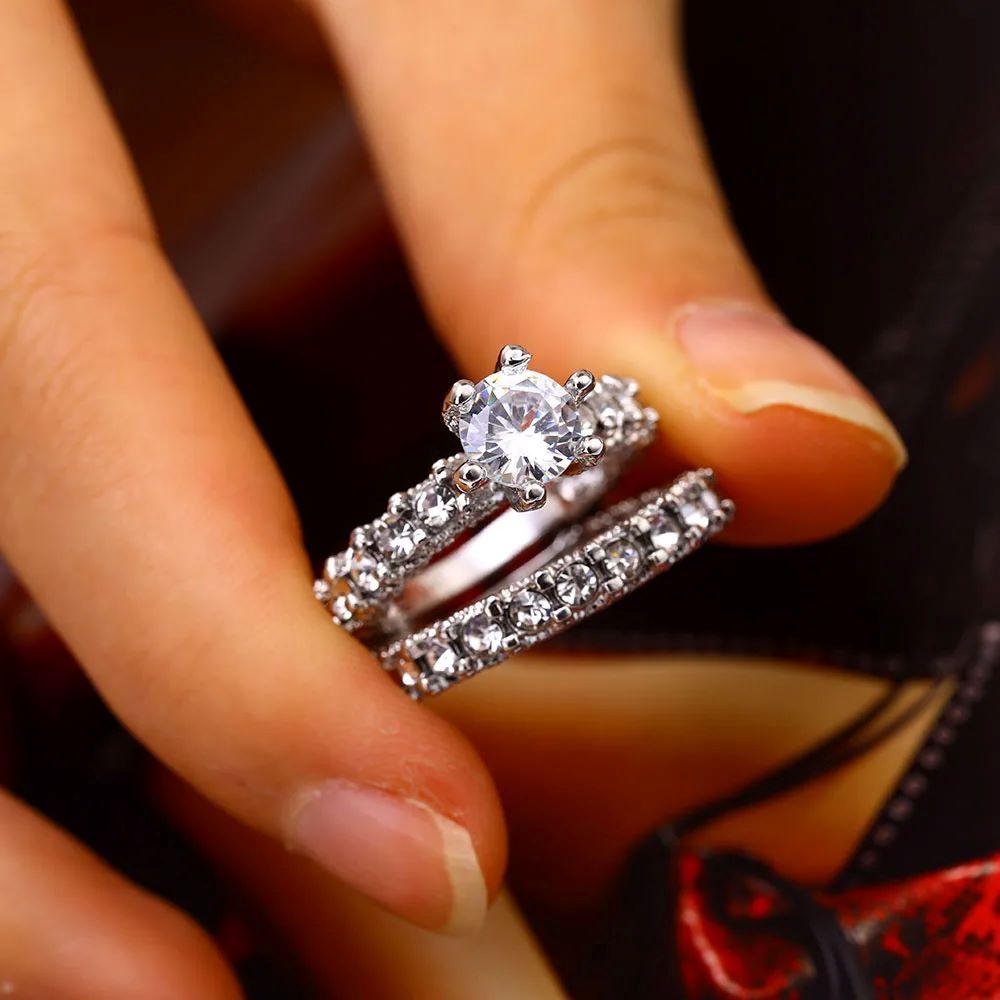 Elegant Zircon Ring Jewelry Silver Color Engagement Wedding Ring Set for Women 2ashion Zircon Crystal Jewelry