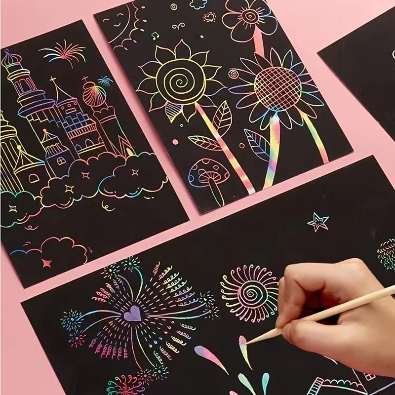 2 Pack Rainbow Scratch Paper Children's Art Book Black DIY Rainbow Art Paper Card Neon Scratch Book with Wood Stick