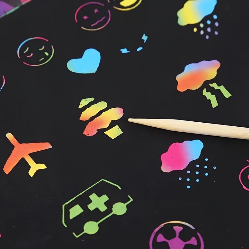 2 Pack Rainbow Scratch Paper Children's Art Book Black DIY Rainbow Art Paper Card Neon Scratch Book with Wood Stick