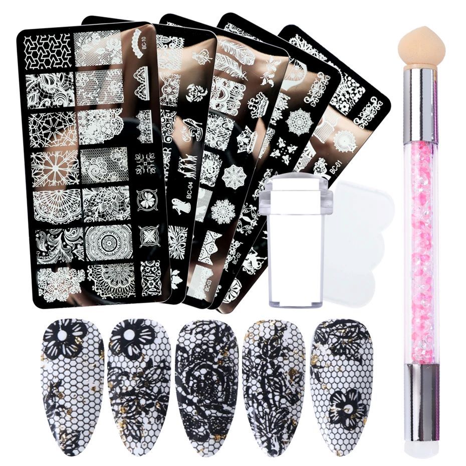 4pcs Nail Art Stamping Plate Flower Lace Patterns Image Stencil Stamper Gradient Nail Brush Nail Set Template Tools LYBC10
