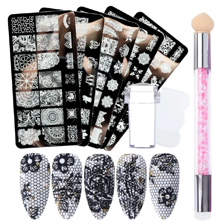 4pcs Nail Art Stamping Plate Flower Lace Patterns Image Stencil Stamper Gradient Nail Brush Nail Set Template Tools LYBC10