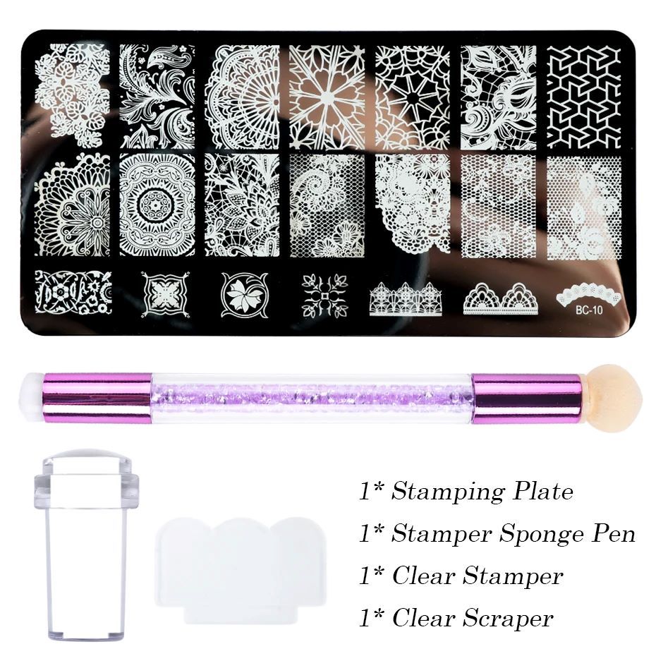 4pcs Nail Art Stamping Plate Flower Lace Patterns Image Stencil Stamper Gradient Nail Brush Nail Set Template Tools LYBC10